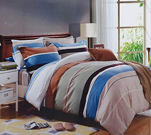 cushion mania Duvet Cover Set with Pillowcases – Soft 90 GSM Microfibre Quilt Cover Bedding, Lightweight & Machine Washable (Stripe Brown Blue, King Size)
