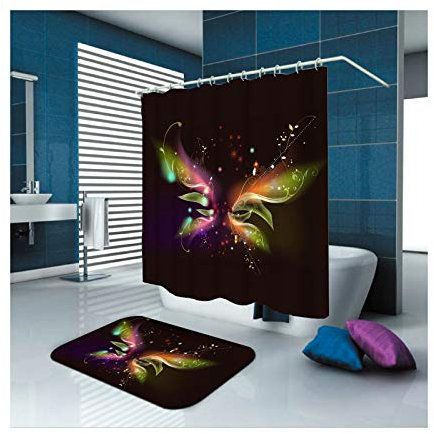 Daesar Badematte Waschbar 40x60 Schmetterling in der Dunkelheit 165x200 cm Badvorhang Vintage, Badematten Set 2 Teilig