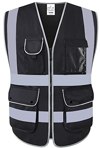 XIAKE 8 Pockets Safety Vest Class 2 High Visibility Waistcoat Vest, Zipper Front - Black, 4X-Large