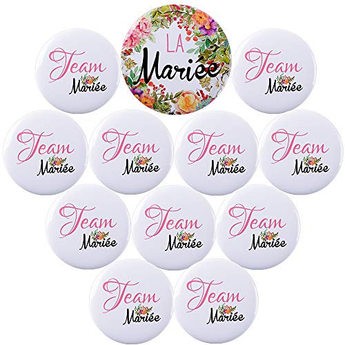 Kit de Accessoire de Mariage 1pcs Badge “La mariée” + 11pcs Badges d’Amis “Team mariée” en Plastique et Fer Bridal de Mariée Broches avec Épingle Décoration Déguisement pour Wedding Fête