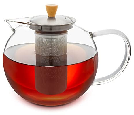 GLASWERK Teekanne Glas (1,8L) - Teekocher mit Teesieb aus rostfreiem Edelstahl - Teebereiter Glaskanne mit Deckel und edlem Holzgriff