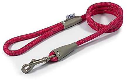 Ancol Viva Reflective Rope and Leather Snap Dog Lead - Pink - Durable Weatherproof Poly Weave Puppy Walking Accessory - 1.07m x 10mm