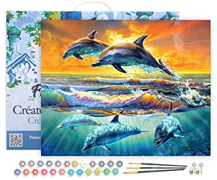 Figured'Art Peinture par Numéro Adulte avec Cadre Aube de Dauphins - Activité Manuelle Kit de Loisir Créatif DIY Numéro d'Art Complet - 40x50cm toile tendue sur châssis