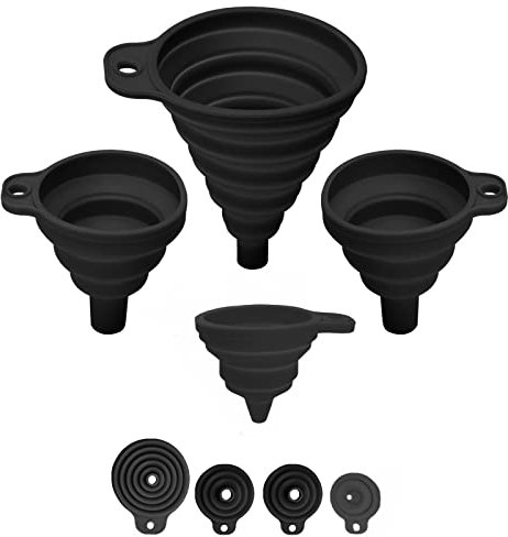 Juego de 4 embudos plegables de silicona, 3 tamaños diferentes, 1 para S, 2 para M, 1 para L, embudo plegable para botella de agua, transferencia de líquidos, grado alimenticio (negro)