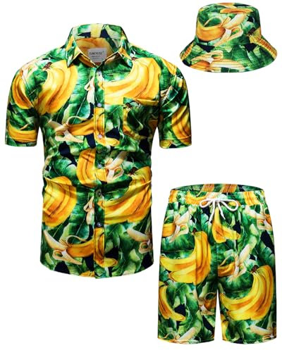 TUNEVUSE Herren Hawaiihemd und Shorts Set, 2-teiliges tropisches Set, Blumen Bedruckte Knopf Strand Set mit Hut Gelb 5X-Large