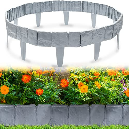 Tubiaz Rasenkante Kunststoff 2.45M Grau Steinoptik Garden Border aus Polypropylen Mähkante Beetumrandung Palisade Garten dekorativ 1 Element BxHxT: 24.5x23x1 cm
