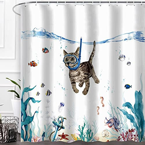 HomeStilez Rideau de Douche Mignon Chat Plongeant 180x180cm Océan Imprimé Animal Rideau de Bain Imperméable Lavable Polyester Accessoire de Salle de Bain avec 12 Crochets,Bleu