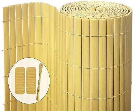VOUNOT PVC Privacy Screening Fence 90 x 300 cm, Double Reinforced Struts Privacy Protection for Garden, Balcony and Terrace, Wind and Sun Protection Outdoor, Bamboo