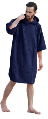 ALLEN & MATE Handtuch-Poncho mit Kapuze für Erwachsene, 100% Frottee-Baumwolle, Wickelmantel zum Schwimmen, Surfen, Baden am Strand (L-XL, Marineblauer Delphin)