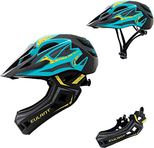 Kinder Fahrradhelm Leicht Integralhelm Kinder mit Abnehmbaren Kinnschutz Abnehmbarer Visier Kinder Downhill Helm für Balance Bike Scooter Roller Skates Blau-Gelb/M