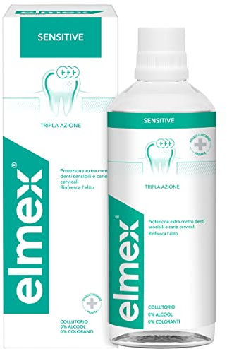 elmex Collutorio Sensitive 400ml I Protezione Extra dai Denti Sensibili e dalla Carie Radicolare I Con fluoruro amminico | con Tripla Azione | 0% Alcohol