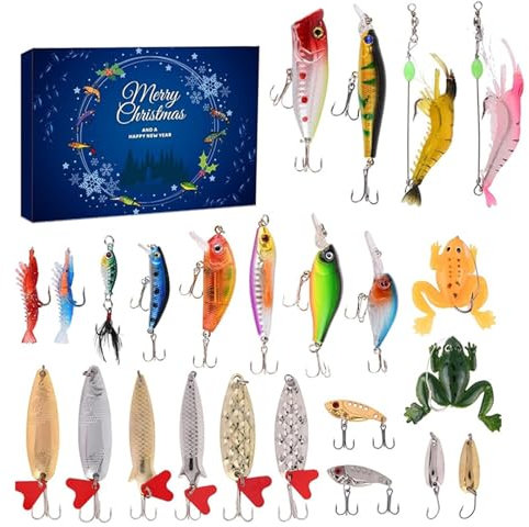 Adventskalender Angeln Weihnachten Countdown, 24 Tage Angelköder Set für Fischer Erwachsene Männer Teen Jungen, Weihnachten Adventskalender 2023 Angeln Adventskalender 2023 Geschenk für Weihnachten,