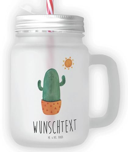 Mr. & Mrs. Panda Personalisiertes Trinkglas Mason Jar Kaktus Sonne - Personalisierte Geschenke, Einmachglas Mit Gravur, Kakteen, Smoothieglas Mit