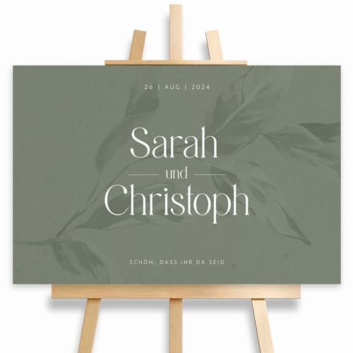 Willkommensschild Hochzeit Grün mit Datum und Namen, personalisierte Hochzeitsdeko, Willkommen Schild, Eukalyptus, Leinwand, 60x40 (HEI Print)