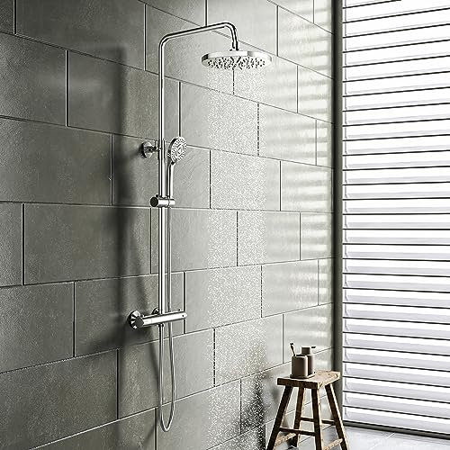 YOOZENA Duscharmatur Komplettset, Duschsystem(Duscharmatur mit Thermostat,Kopfbrause, Duschkopf mit Schlauch und Halterung)Regendusche mit armatur, Chrome