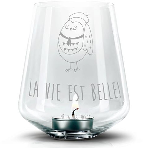 Mr. & Mrs. Panda Gravur Windlicht Eule Frankreich - Geschenk, Windlicht Kerze, béret, das Leben ist schön, Eule Deko, Spruch schön, Teelichthalter,