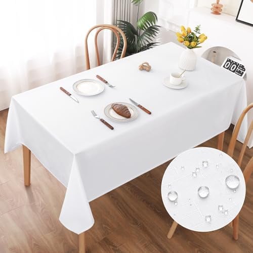 AooHome Tischdecke Abwaschbar, Weiß Tischdecken 140x220cm Leinen-Optik Tischtuch aus Polyester Wasserabweisend mit Lotuseffekt, Dauerhaft Kratzfest für Wohnzimmer, Esszimmer, Balkon, Garten
