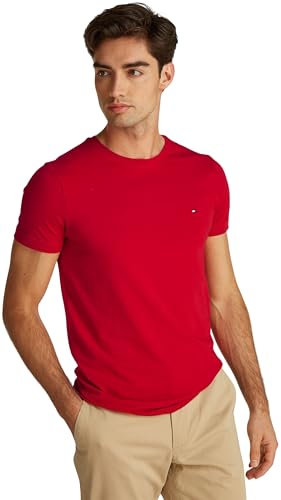 Tommy Hilfiger Men’s Short Sleeve Round Neck Slim Fit Stretch T-Shirt, Multicolor (Medium Red), L