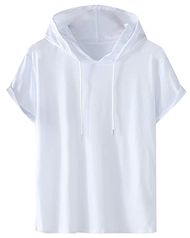 Felpa con cappuccio da uomo, in cotone, con cappuccio, tinta unita, a maniche corte, casual, con cappuccio, taglie forti, maglietta estiva, comoda, sportiva, da streetwear, taglie S-4XL, bianco, s