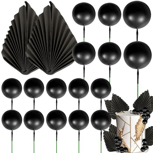 Xsstarmi 30 Pack Black Paper Palm Fan Cake Topper Black Balls Cake Pick for Baby Shower Wedding Bridal Shower Birthday Party DIY Cake Decorations Supplies