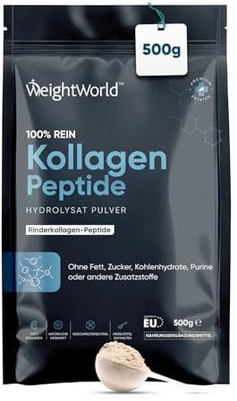 Reines Kollagen Pulver - 500g hydrolysierte Kollagenpeptide - Typ 1 Rinderkollagen - Collagen Powder Peptide - Geschmacksneutral - 10g bis 20g Tagesdosis - Aminosäure ohne Zucker - Von WeightWorld