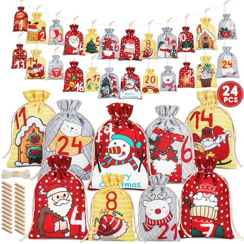 HOOWA Adventskalender zum Befüllen, 24 Adventskalender Tüten Kinder Adventskalender Selber Befüllen, Adventskalender Säckchen Groß Weihnachtskalender zum Befüllen Stoff für Kinder Frauen Männer