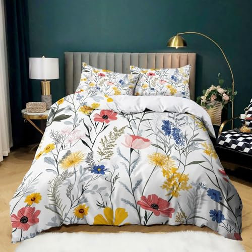 Illustration style Duvet Cover Sets Daisy Flower Plant Microfiber Quilt Cover Set with Zipper Closure and Corner Ties, 3D Print Double Bedding Set 200x200 cm with 2 Pillowcases