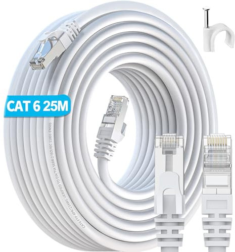 IKBC Ethernet Cable - Cat 6 Gigabit Network Cable, 25m FTP Shielded, 23AWG RJ45, White, for Router PS4/5 (25 Clips)