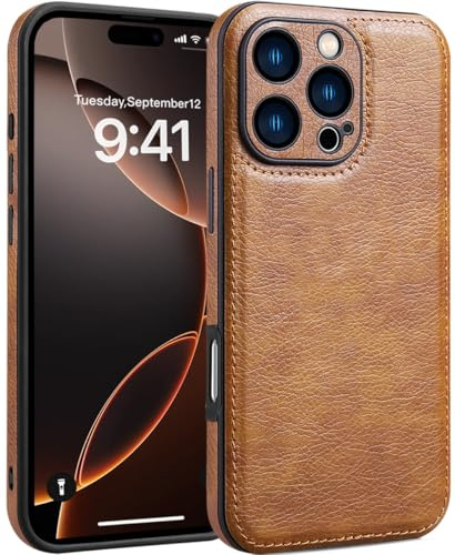 SOUTEM Custodia in Pelle per iPhone 16 Pro,Custodia Protettiva per Cornice Fotocamera di Lusso in Pelle PU Vintage Classica,Cover Antiurto Antiscivolo Antigraffio per iPhone 16 Pro(Marrone)