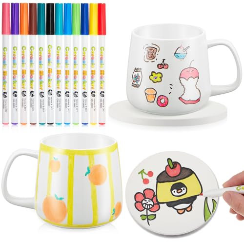 Geiserailie 2 Pcs Paint Your Own Mug DIY Paintable Kit Including 2 Blank Ceramic Sublimation Mugs 12 Color Brushes for Adults Daughter Girlfriend/Boyfriend(Big Belly Style)