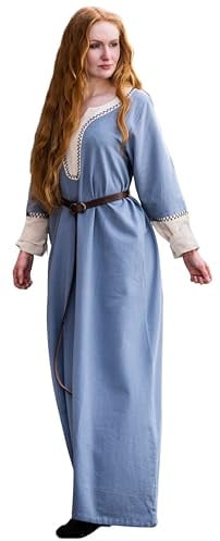 Leonardo Carbone® Damen Kleid Wikingerkleid Freya | Handstickerei | Zweifarbig | Karneval, Halloween, Cosplay, LARP, Mittelalter, Kostüm, Festkleid, Baumwolle | 100% Baumwolle Taubenblau L