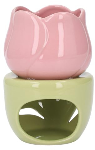 Wax Melt Essential Oil Burner, Pink Flower Shape Ceramic Aromatherapy Burner with Green Stand, Tealight Candle Holder, Essential Oil Burner, Aromatherapy Wax Melt Candle Holder, for Home Office Use