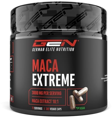 Maca Kapseln Extreme - 365 Kapseln - Hochdosiert mit 30.000mg pro Tagesportion - Spezialextrakt 10:1 - Vegan - German Elite Nutrition