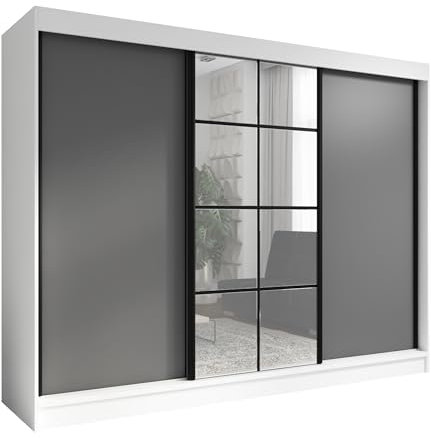 A&J MöbelLand Schwebetürenschrank ORAVELLE Kleiderschrank 3-türig mit Schubladen, und Spiegel, Garderobe 200 cm (Weiß|Graphit)