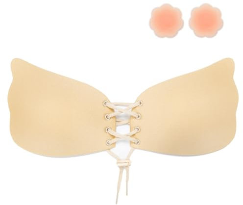 DODOING Invisible Bra，Women's Strapless Adhesive Reusable Stick on Br a Sticky Push Up B ra for Backless Dress Nude D