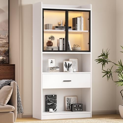 Moimhear Curio Vitrine mit Licht, Aufbewahrungsregale mit Pop-up Glastüren, 1 große Schubladen & 16 Farben Licht, Sammlerstücke Schrank Display Regal,weiß (1)