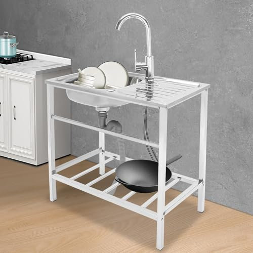 Edelstahl Tisch Gastro Spüle mit Unterschrank, Gewerbliche Spülbecken Küche Spültisch, Freistehende Spülenschrank mit Wasserhahn, für Außen, Innen, Restaurant, 75 * 40 * 76cm