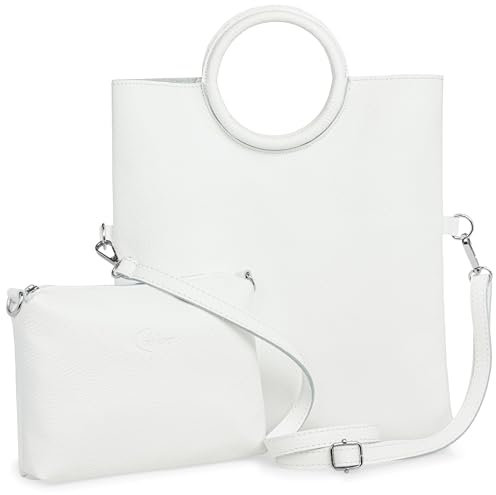 Caspar 2 in 1 Leder Set Umhängetasche mittelgroße Damen Handtasche Crossbody Bag mit herausnehmbarer Innentasche - CLASSIC LINE - Modell No.836 - Made in Italy, Farbe:weiß