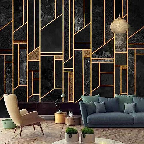 XLMING Schwarz Abstrakt Geometrisch Gold Marmor 3D Tapete Dekorative Seidenoptik Speisesaal Arbeitszimmer Wohnzimmer Schlafzimmer Sofa TV Wand-200cm×140cm