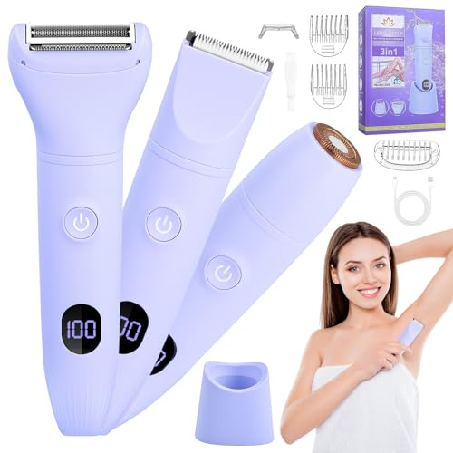 Damenrasierer für Gesicht, Elektrischer Rasierer, 3-in-1 Intimrasierer für Frauen für Beine, USB-Aufladung, Nass Trocken LCD-Display, IPX7 Wasserdicht Bikini Trimmer für Achselbein Körper Gesicht