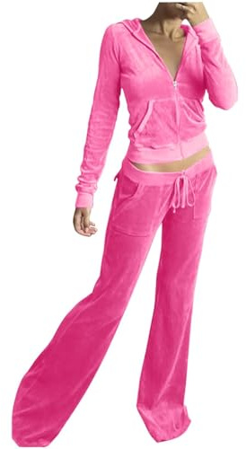 Fccrian Survêtement 2 pièces en velours pour femme - Manches longues - Fermeture éclair - Veste à capuche - Pantalon large - Style décontracté Y 2k - Pour femme