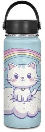 Yexignaon Botella de agua de acero inoxidable para niños, con diseño de gato Kawaii, termo para bebidas frías y calientes, botella de agua aislada con asa y tapa, 18 onzas al vacío
