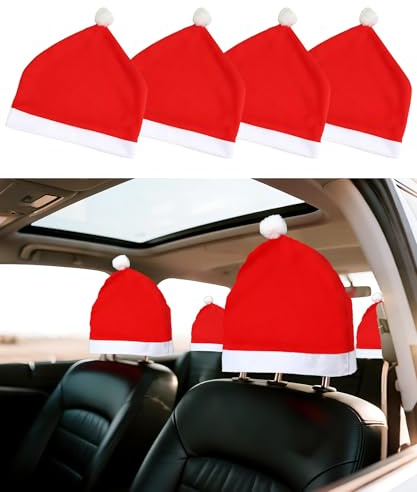 Beiktehy Santa Hut Auto kopfstützenbezüge, 8er Set lustige Auto Weihnachtsmütze kopfstütze weiches Vlies Dekoration innen Weihnachtsauto Zubehör für Autositze für Weihnachten Neujahrsfest 33x34cm
