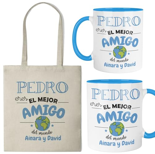 Kembilove® Taza regalo amigo personalizada con nombre | Pack taza y bolsa “Eres el mejor amigo del mundo” | Detalle original cumpleaños, navidad y ocasiones especiales