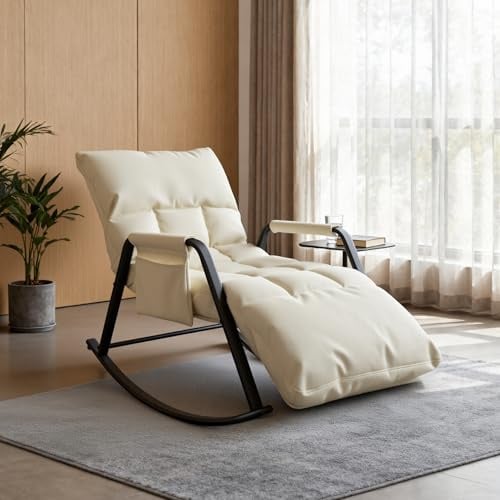 DARDVORLAG Schaukelstuhl Schaukelsessel mit PU-Leder,160°Neigung 5-Fach Verstellbare Rückenlehne,Ergonomischer Relaxsessel mit Metallgestell für Wohnzimmer Schlafzimmer,Beige