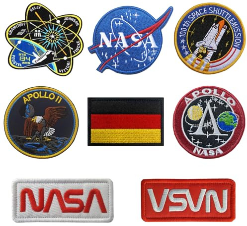 8 Stück NASA und German Flagge Patches 100. Space Shuttle Mission Taktische Abzeichen Stickerei Emblem Hook and Loop Patches für Kleidung Rucksäcke DIY Baseballkappe Mützen Uniform Hosen Weste Biker