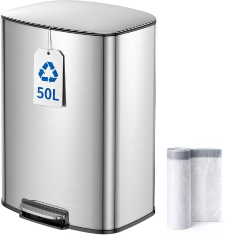 YEAUPE PRO Mülleimer Küche 50L Edelstahl Treteimer mit Soft Close Deckel | Großer Küchenabfalleimer, Herausnehmbarer Inneneimer, Geruchsdicht, Fingerabdruckfest, Pedaleimer inkl. 15 Müllbeutel