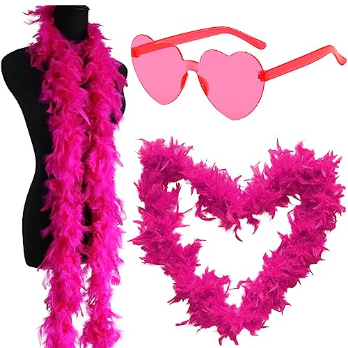 WFKKMEQ Federboa, 2M Federschal Kostüm Zubehör Flauschige Federboa mit Partybrille Feder Boas für Frauen Turkey Feather Boas Dekorieren für Hochzeit,Ankleiden Party, Cosplay,Karneval(Rosenrot)