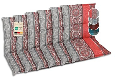 GO-DE Textil Bequeme und attraktive Polsterauflagen für Niederlehner-Gartenstühle (6er-Set, Ornamentstreifen rot, Niederlehner)