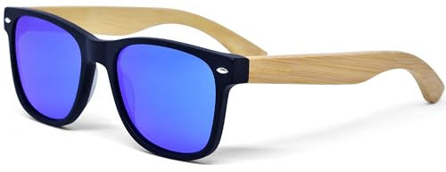 Sonnenbrille Damen & Herren Holz | Premium Bambus Bügel Schwarzer Acetatrahmen | Holzbrille UV400 Polarisiert Gläser | Damen & Herren Sonnenbrille UV Schutz | (blau)